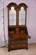 Inlaid burl walnut 2 part double bonnet top slant-front secretary; 68-6853