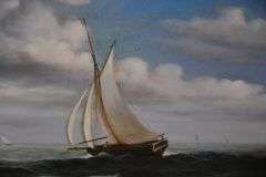 Large framed painting on canvas of sailboats and ships at sea; 68-6654