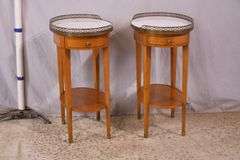 Pair of oval inlaid two-tier single drawer marble top side tables; 68-6885
