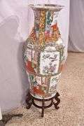 Large Oriental style ceramic floor vase with wooden stand; 68-6947