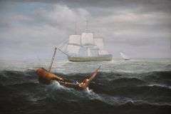 Large framed painting on canvas of sailboats and ships at sea; 68-6654