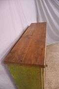 Early green and yellow distressed painted 2 door cupboard; 74-12760