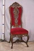 Carved oak high back accent chair with ornate stretcher base; 74-12804