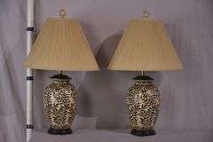 Pair of ceramic leaf-design lamps with shades; 68-6808