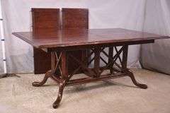Distressed trestle base dining table with 2 leaves; 68-6842