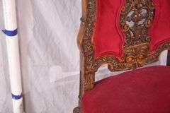 Carved oak high back accent chair with ornate stretcher base; 74-12804
