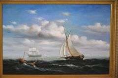 Large framed painting on canvas of sailboats and ships at sea; 68-6654