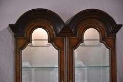 Inlaid burl walnut 2 part double bonnet top slant-front secretary; 68-6853