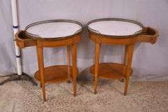 Pair of oval inlaid two-tier single drawer marble top side tables; 68-6885
