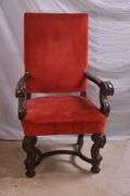 Set of 6 carved walnut dining chairs with red fabric; 74-12809E