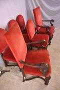 Set of 6 carved walnut dining chairs with red fabric; 74-12809E