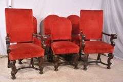 Set of 6 carved walnut dining chairs with red fabric; 74-12809E