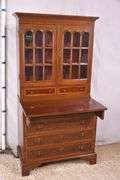Early inlaid mahogany step-back secretary with flip-over writing board; 68-6992