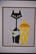Two framed mid-century style atomic cat prints; 975-1809
