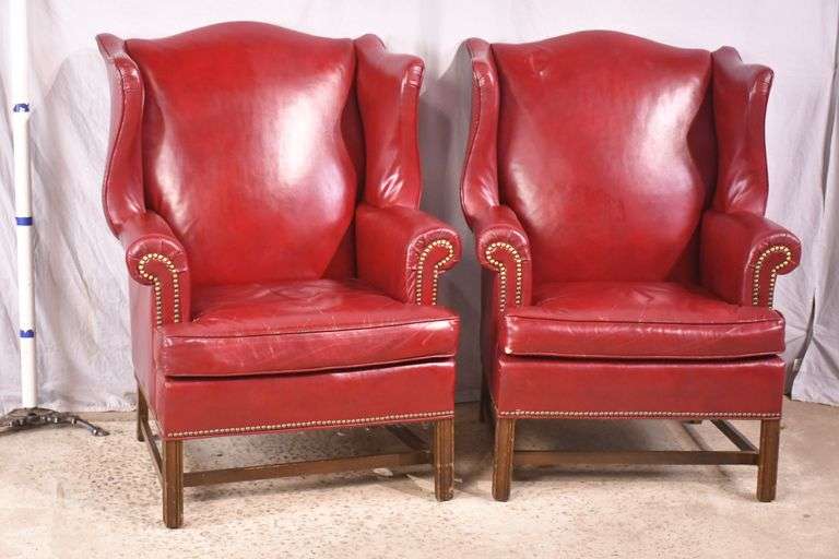 Pair of Ethan Allen red leather wingback armchairs; 74-12889