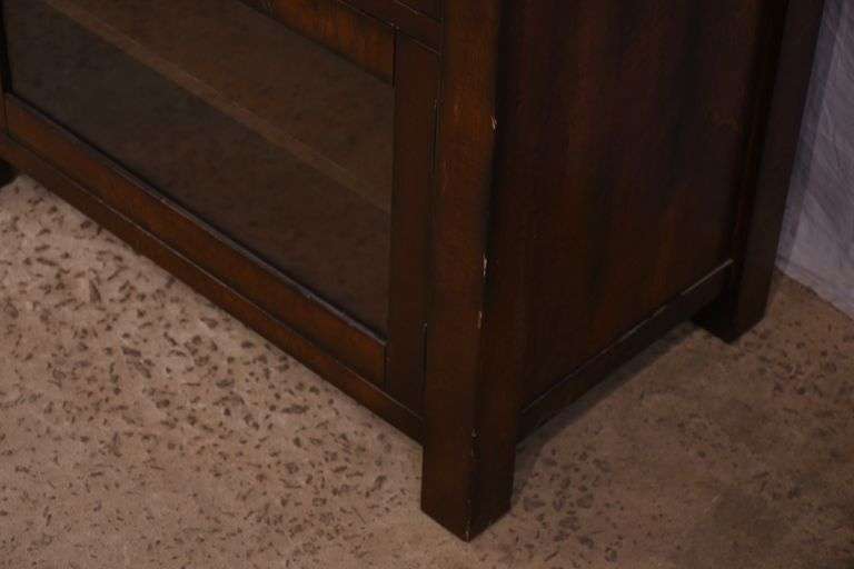 Pottery Barn distressed entertainment credenza with 2 drop-front drawers and 2 glass doors; 55-12263