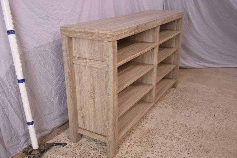 Distressed barnwood-look laminate open front bookcase/media credenza; 1153-088