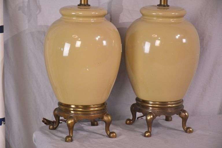 Pair of ceramic lamps with gold metal bases; 55-12200B