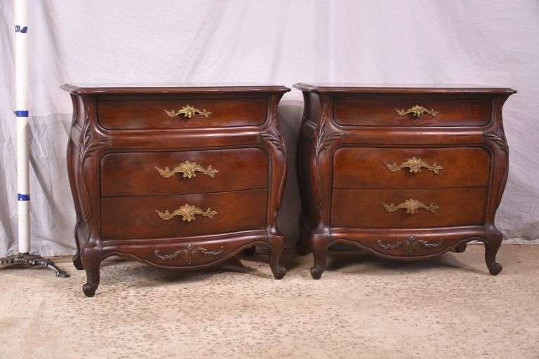 Pair of carved cherry French style 3 drawer bedside chests; 74-12878C