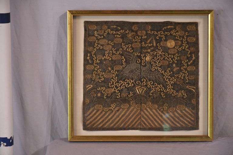 Small framed early Oriental style textile of a bird; 44-483