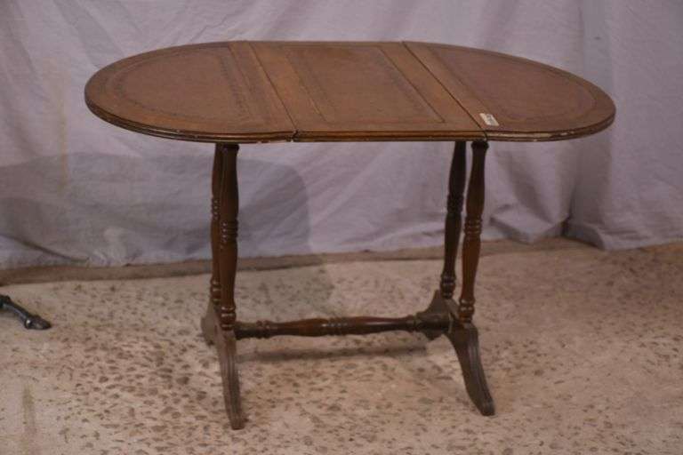 Small leather top drop-leaf side table; 18308-002