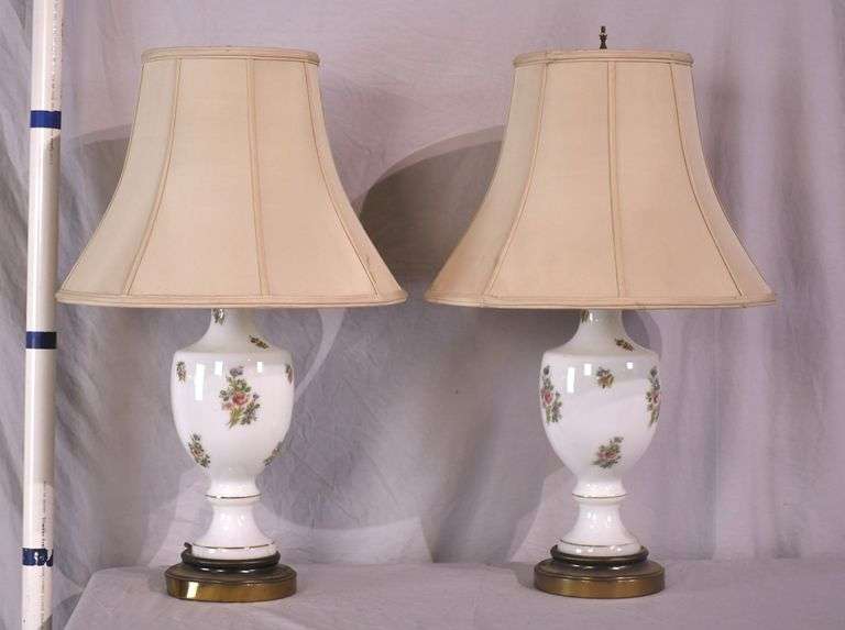 Pair of floral decorated white glass lamps with shades; 55-12279