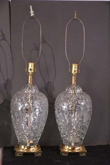 Pair of large crystal lamps with gold metal bases; 55-12271