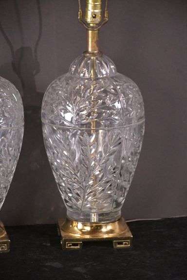 Pair of large crystal lamps with gold metal bases; 55-12271