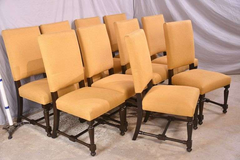 Set of 10 Bassett dining chairs with gold upholstered seats and backs; 1116-740