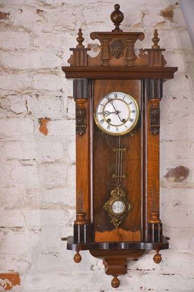 Vintage wall clock with carved walnut case; 18305-031