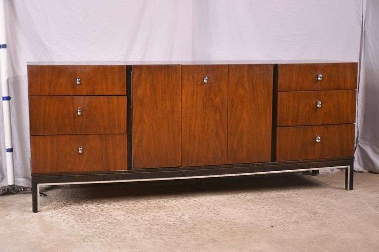 American of Martinsville walnut mid-century style triple dresser with fitted interior; 55-12346B