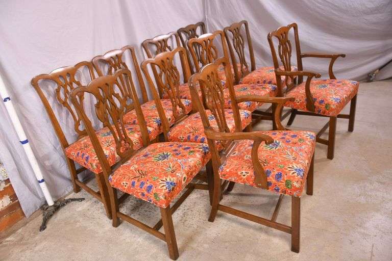 Set of 10 solid mahogany Chippendale style dining chairs; 55-12206