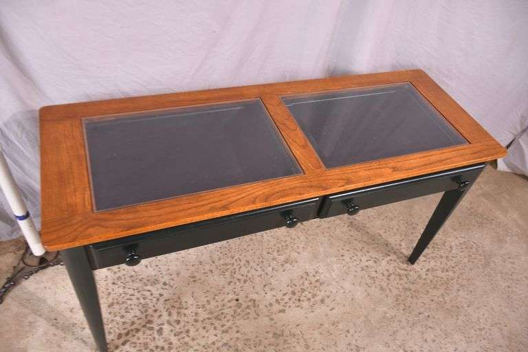Green 2 drawer display sofa table with oak top and beveled glass inserts; 5038-005