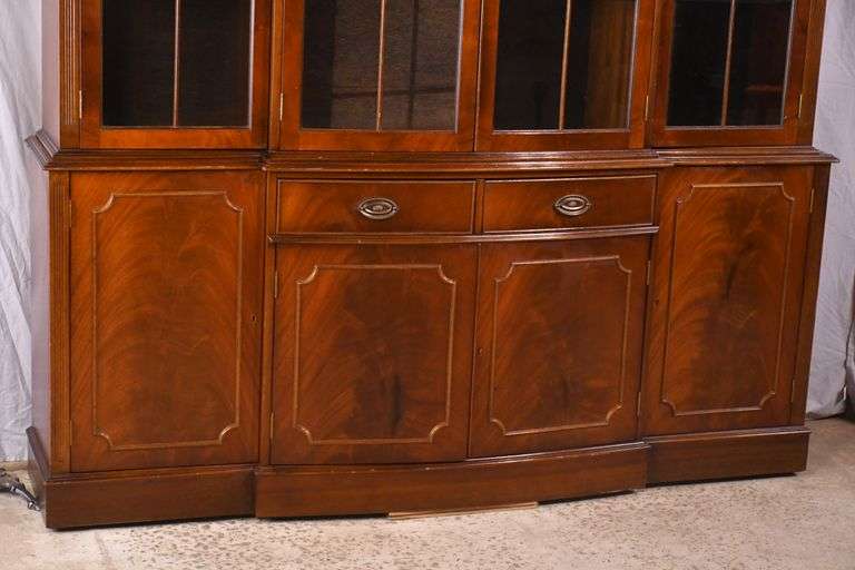 Crotch mahogany 2 part bowfront breakfront; 55-12189