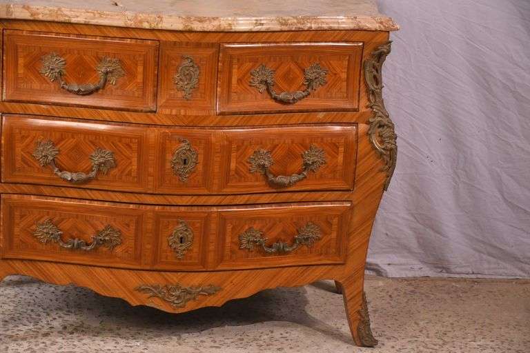 Inlaid ormolu mounted bombe style 2 over 2 drawer dresser with marble top; 55-12172B
