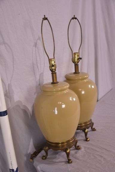 Pair of ceramic lamps with gold metal bases; 55-12200B