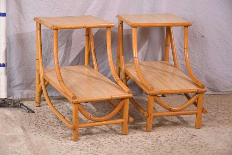 Pair of rattan bentwood two-tier step back side tables with Formica tops; 1116-729
