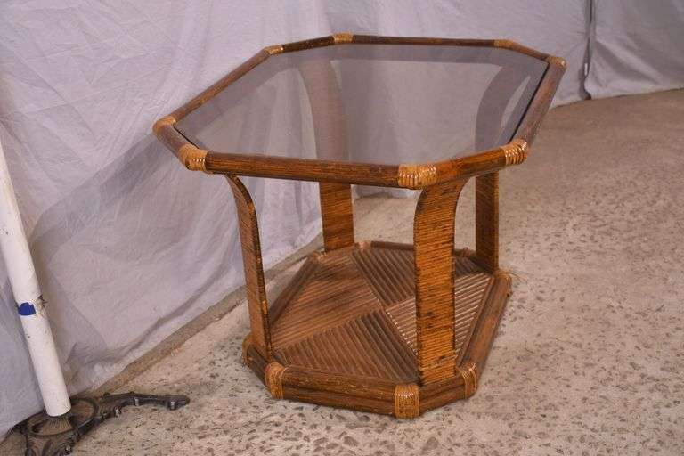 Rattan mid-century style side table with tinted glass top; 336-4573