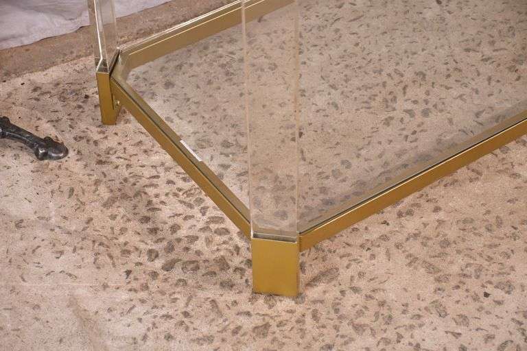 Lucite and gold metal console table with glass top and shelf; 74-12880
