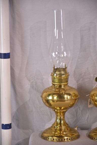 Pair of electric converted brass oil lamps; 396-1395