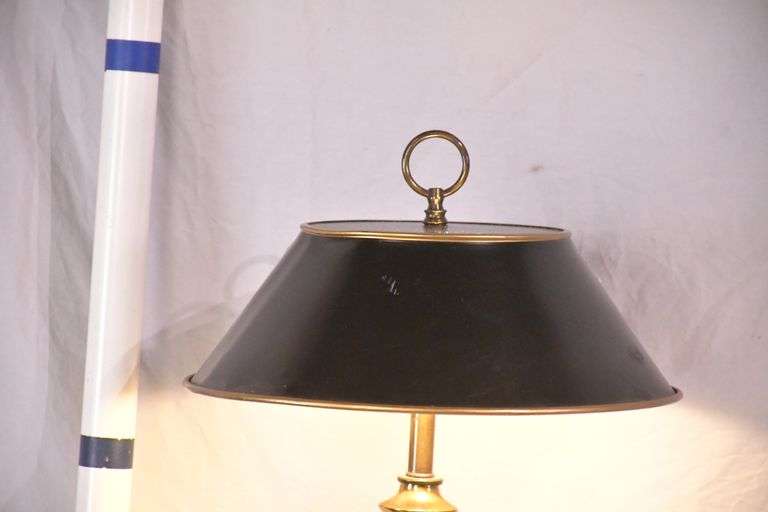 Gold metal lamp with black metal shade; 55-12201A
