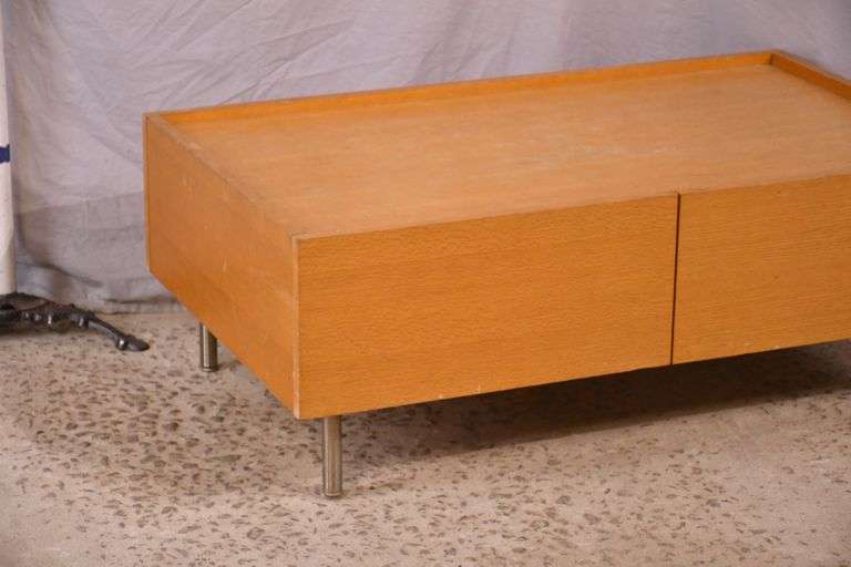 Oak 2 drawer coffee table with silver metal legs; 55-12287