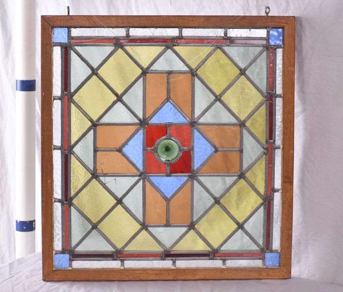 Stained glass panel with oak frame; 9485-118