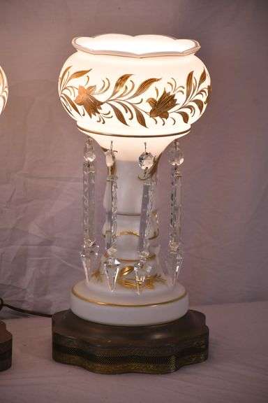 Pair of white and gold painted luster lamps with crystal prisms; 55-12198