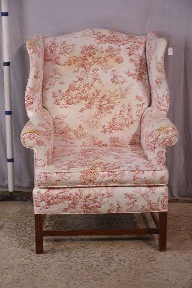 Chippendale style wingback armchair with toile fabric; 44-477
