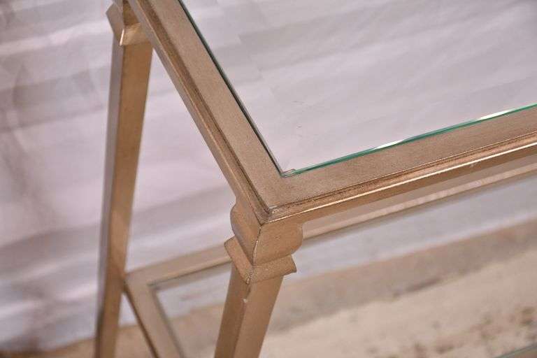 Narrow metal two-tier console table with beveled glass top and shelf; 396-1388
