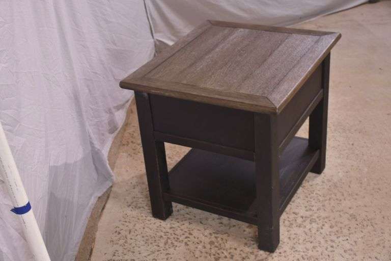 Black two-tier single drawer end table with gray top; 14435-016