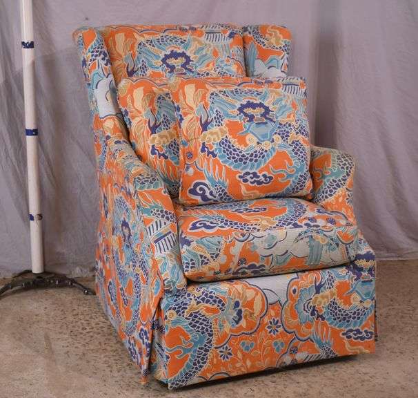 Upholstered wingback armchair with dragon pattern fabric; 336-4581