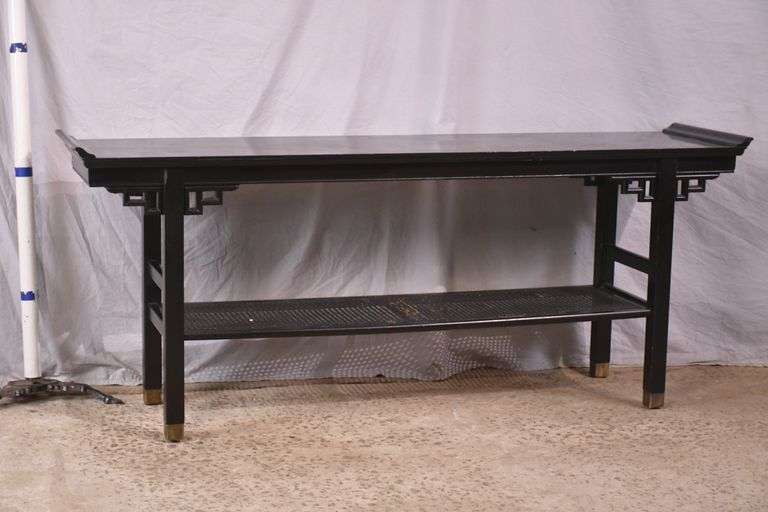 Black Oriental style two-tier console table with cane shelf; 55-12317