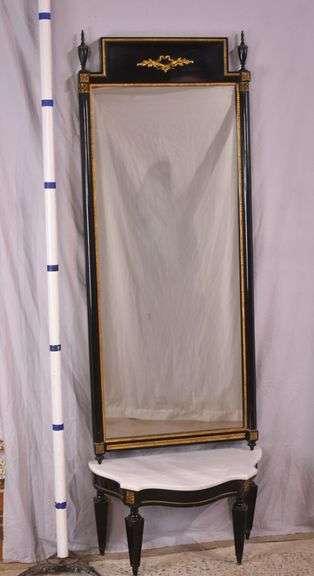 Black and gold mirror with low marble top console table; 55-12187